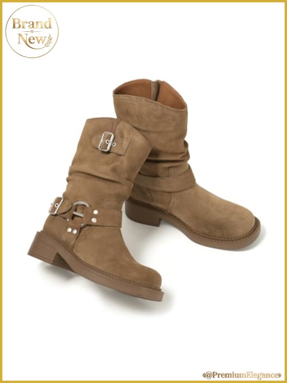 Suede Leather Mid Calf Boots Square Toe Slip-On Ankle Strap